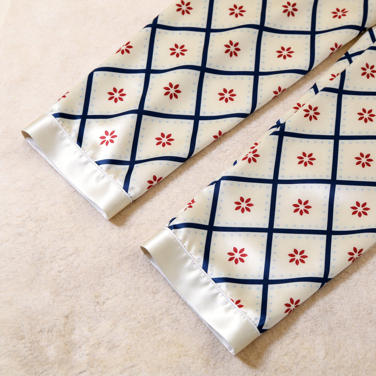 White Blue Diamond Grid Red Flower Print Satin Button-Up Family Christmas Pajamas Set