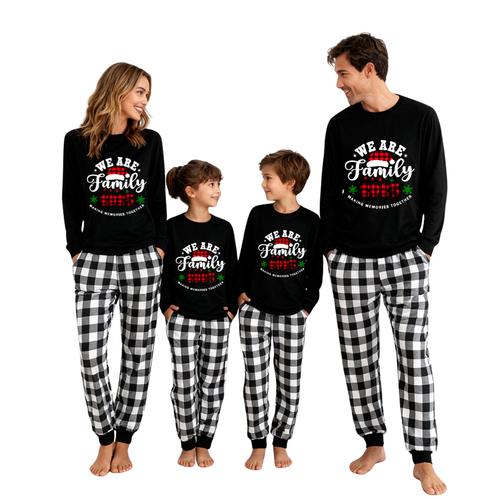 "We are Family2025" Santa Hat Monogram Print Black Long Sleeve Top with Black And White Plaid Pants Family Matching Pajamas