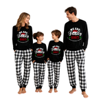 "We are Family2025" Santa Hat Monogram Print Black Long Sleeve Top with Black And White Plaid Pants Family Matching Pajamas
