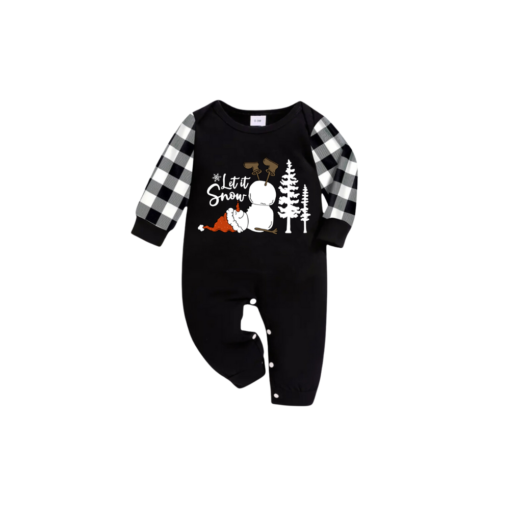 Let it Snow Snowman Family Christmas Pajamas Set - Black Top Black and White Plaid Pants White Text Graphic