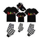 Believe Family Christmas Pajamas Set - Black Top Black and White Plaid Pants Graphic Letters Santa Hat
