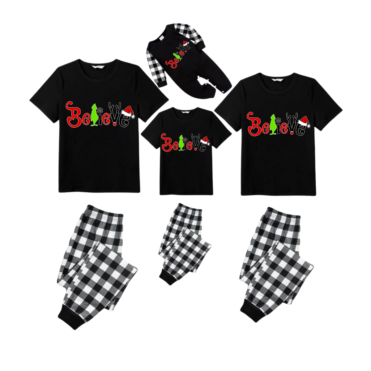 Believe Family Christmas Pajamas Set - Black Top Black and White Plaid Pants Graphic Letters Santa Hat