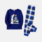 Couple Blue Plaid Pajamas Set with Snowman & Christmas Tree Print