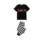 Believe Family Christmas Pajamas Set - Black Top Black and White Plaid Pants Graphic Letters Santa Hat