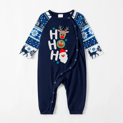 HO HO HO Text and Santa Claus Print Blue Family Christmas Matching Pajamas