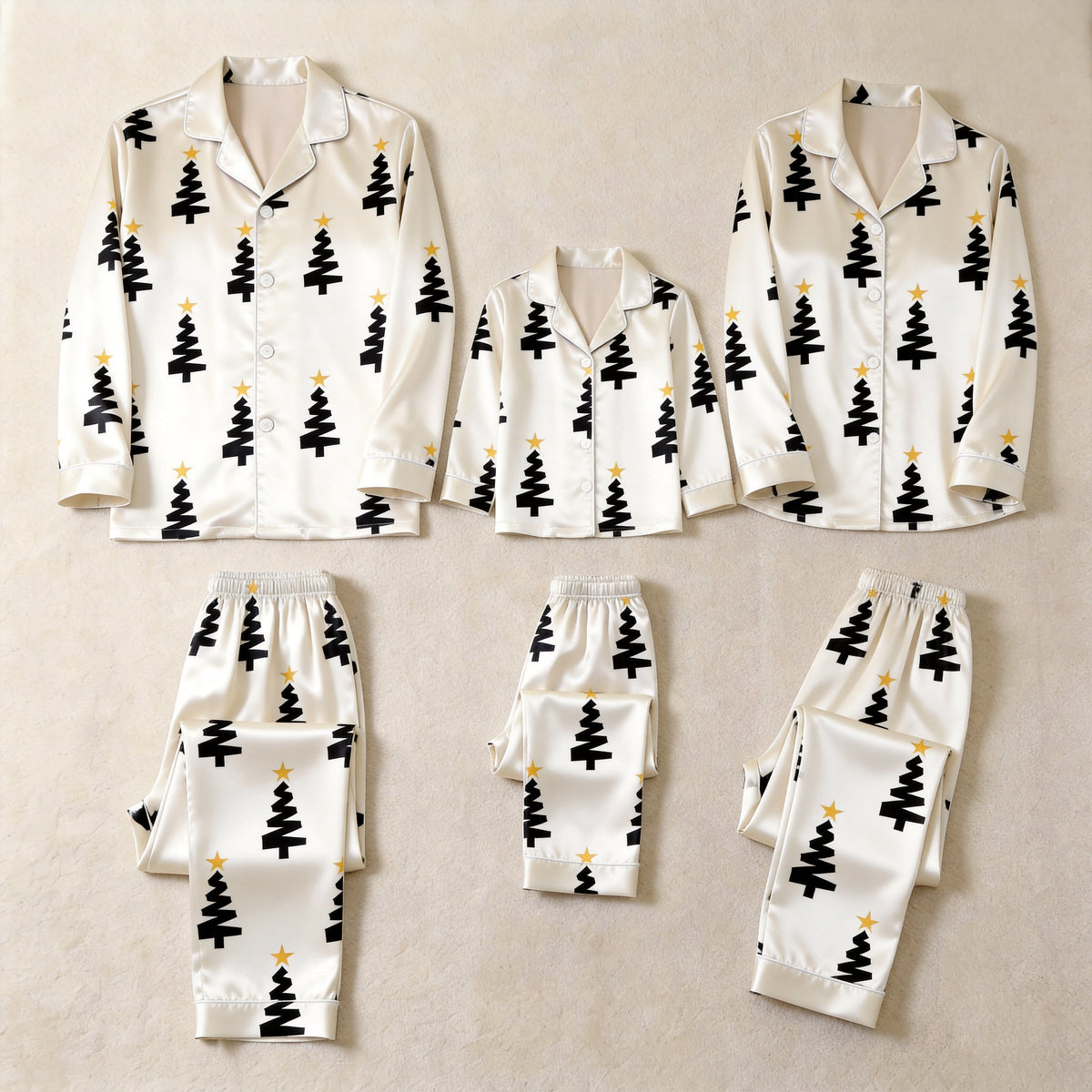White Black Christmas Tree Yellow Star Print Satin Button-Up Family Christmas Pajamas Set