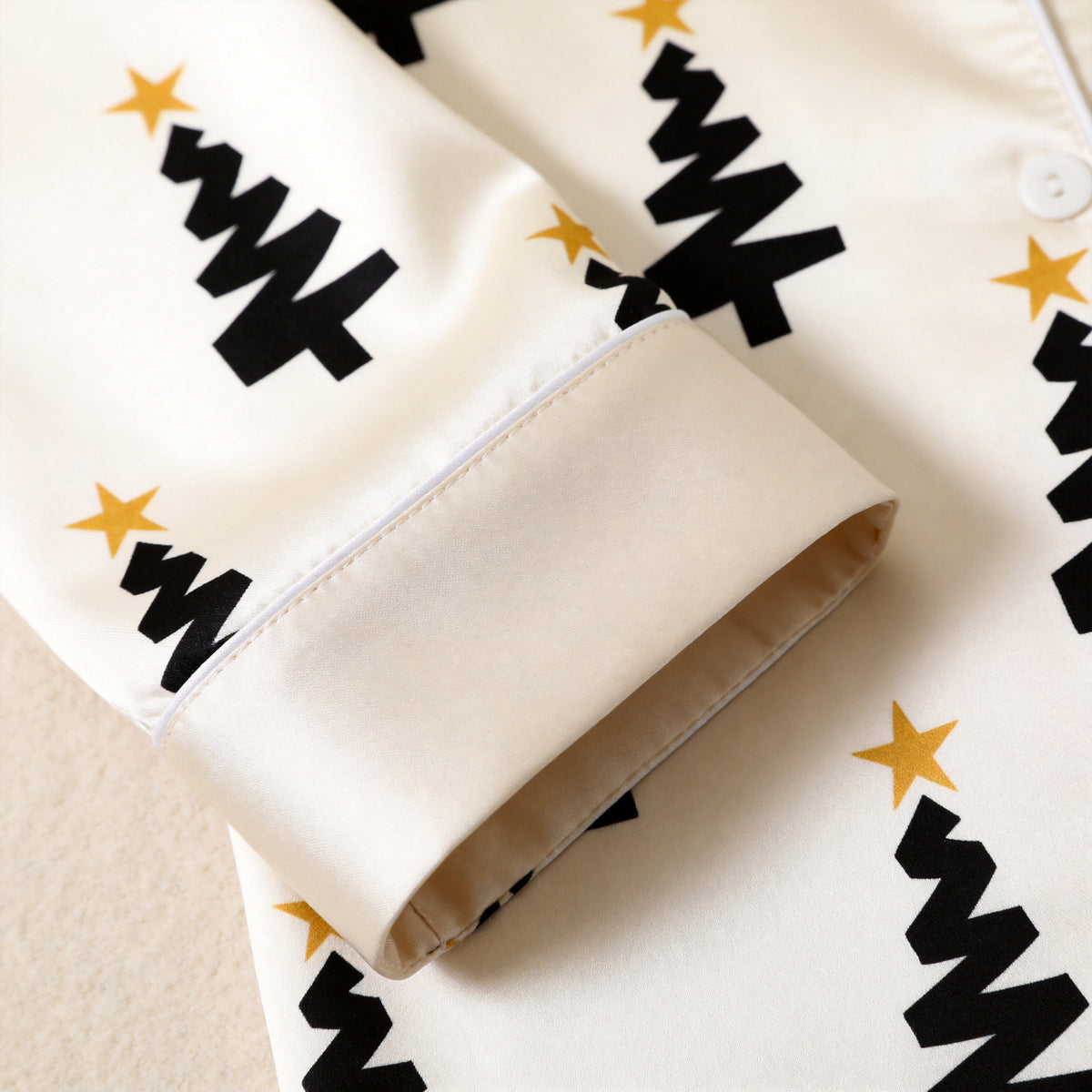 White Black Christmas Tree Yellow Star Print Satin Button-Up Family Christmas Pajamas Set