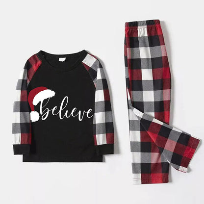 Christmas Hat and 'Believe“ Letter Print Patterned Plaid Sleeve Contrast Tops and Red & Black & White Plaid Pants Family Matching Pajamas Set With Dog Bandana