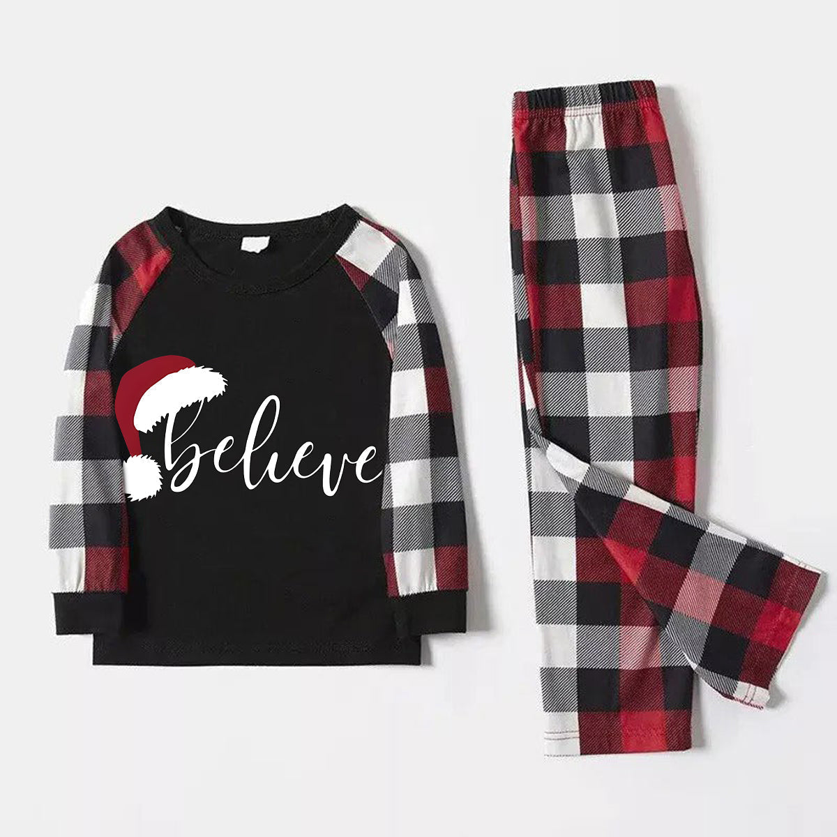 Christmas Hat and ‘Believe“ Letter Print Patterned Plaid Sleeve Contrast Tops and Red & Black & White Plaid Pants Family Matching Pajamas Set With Dog Bandana