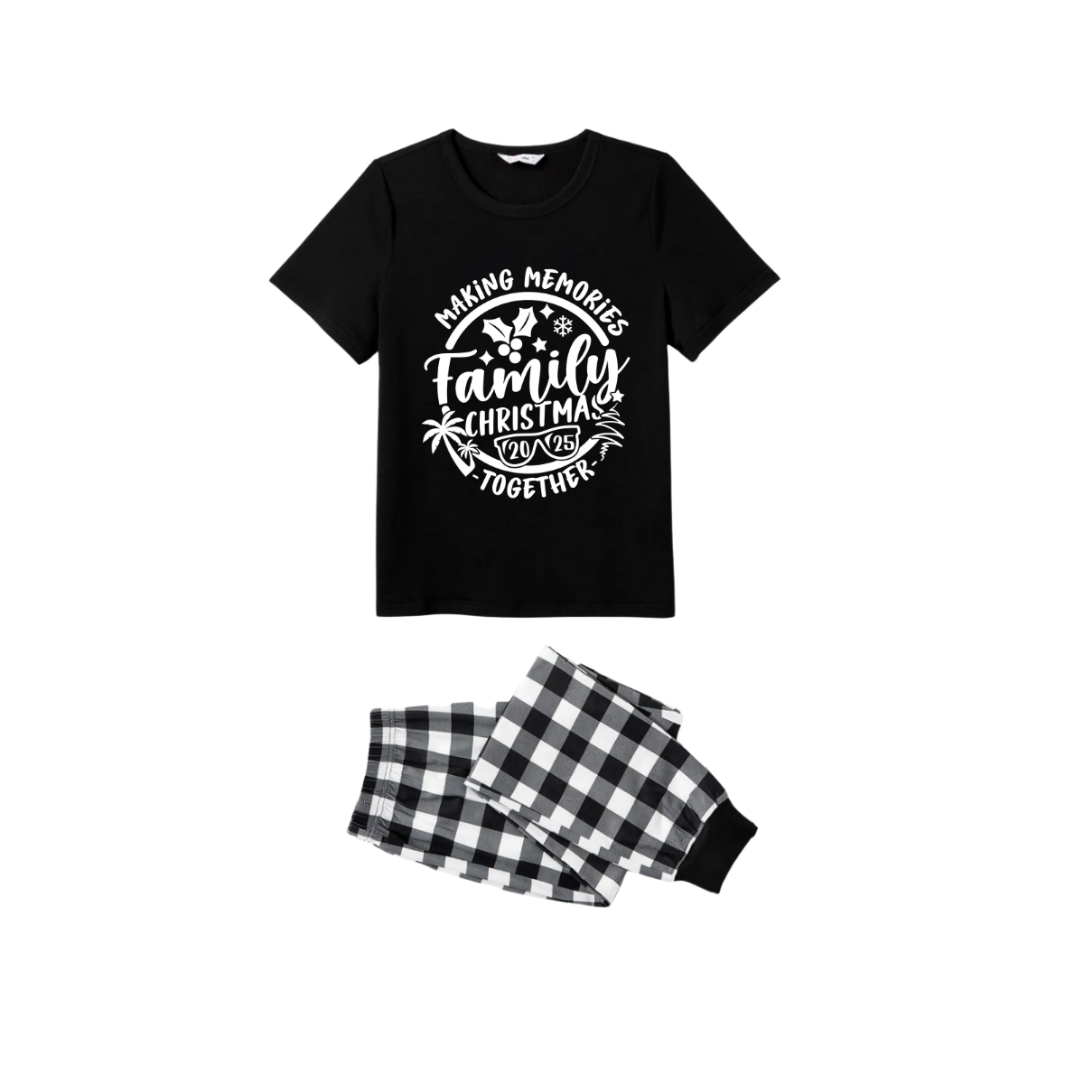 Making Memories Together Family Christmas 2025 Pajamas Set - Black Top Black and White Plaid Pants White Graphic Text
