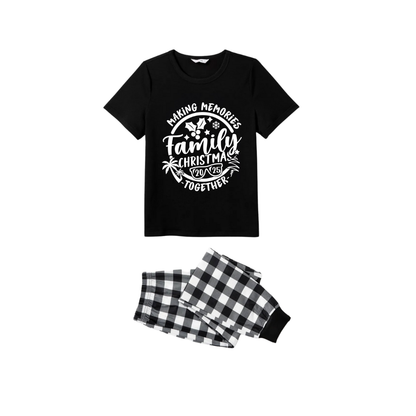 Making Memories Together Family Christmas 2025 Pajamas Set - Black Top Black and White Plaid Pants White Graphic Text