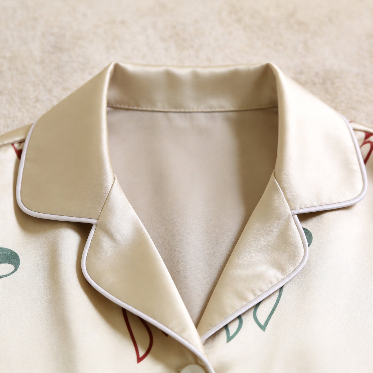 Cream Red Green Candy Cane Heart Bow Print Satin Button-Up Family Christmas Pajamas Set