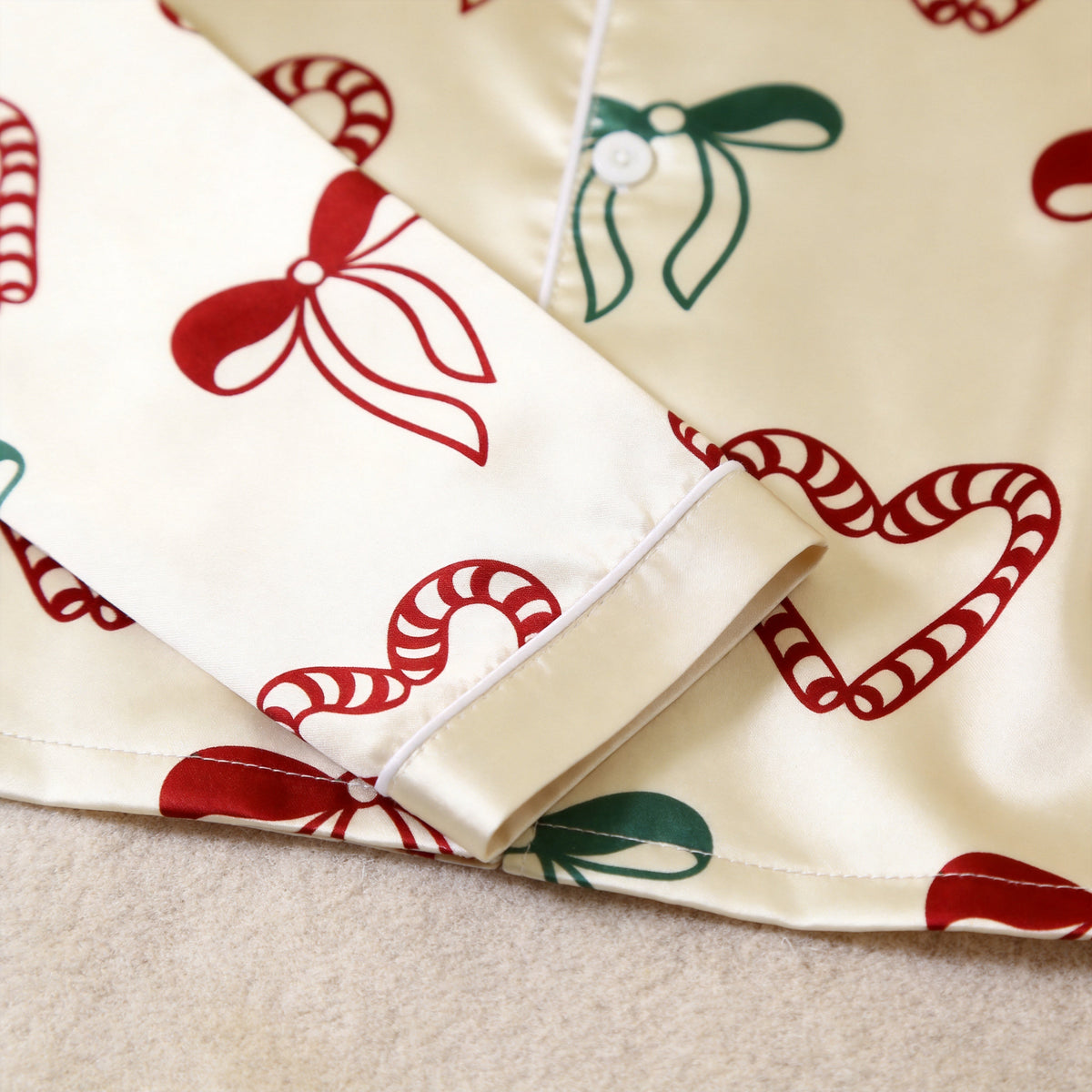 Cream Red Green Candy Cane Heart Bow Print Satin Button-Up Family Christmas Pajamas Set