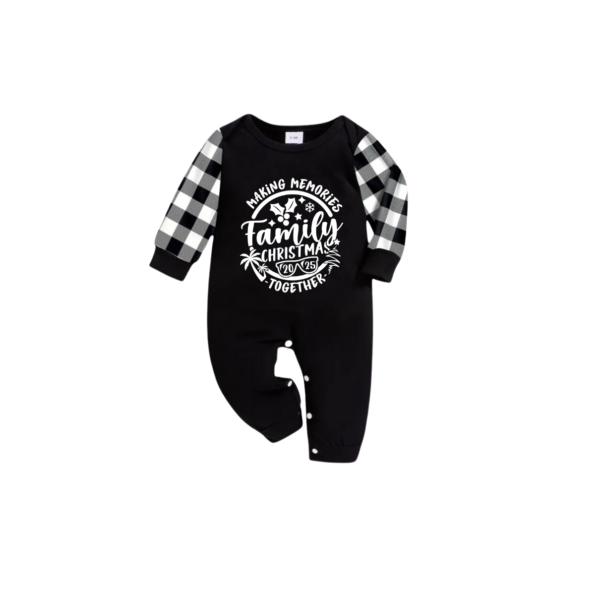 Making Memories Together Family Christmas 2025 Pajamas Set - Black Top Black and White Plaid Pants White Graphic Text