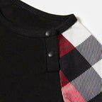 Christmas Hat and ‘Believe“ Letter Print Patterned Plaid Sleeve Contrast Tops and Red & Black & White Plaid Pants Family Matching Pajamas Set With Dog Bandana