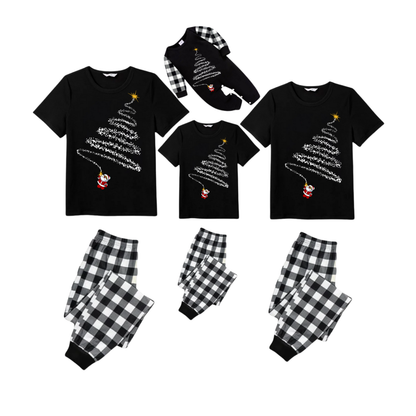 Santa Climbing Christmas Tree Family Pajamas Set - Black Top Black and White Plaid Pants White Tree Graphic