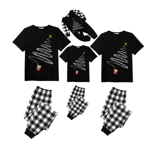Santa Climbing Christmas Tree Family Pajamas Set - Black Top Black and White Plaid Pants White Tree Graphic