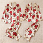 Festive Mitten Print Satin Matching Pajamas for Couples – Long Sleeve Button-Down Top & Pants Sleepwear Set