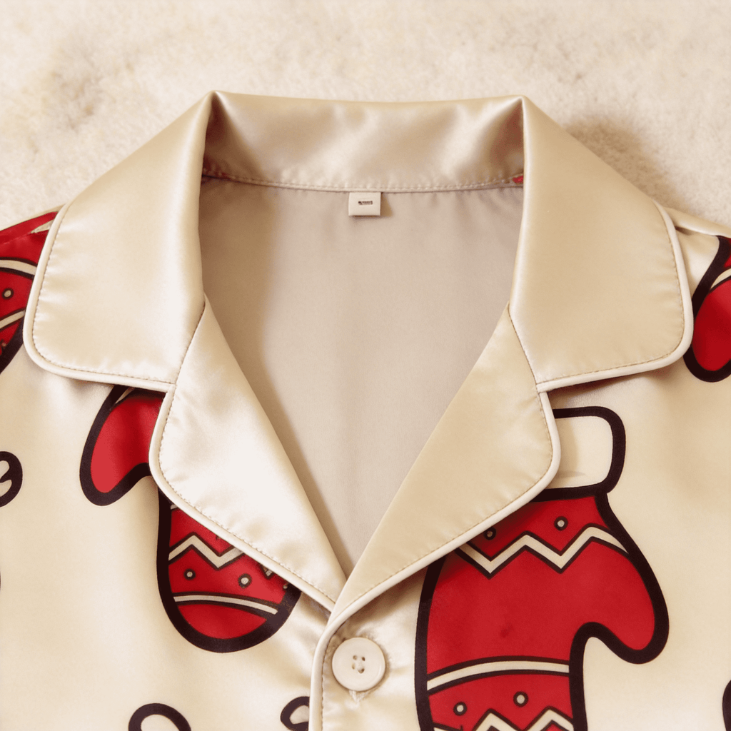 Festive Mitten Print Satin Matching Pajamas for Couples – Long Sleeve Button-Down Top & Pants Sleepwear Set