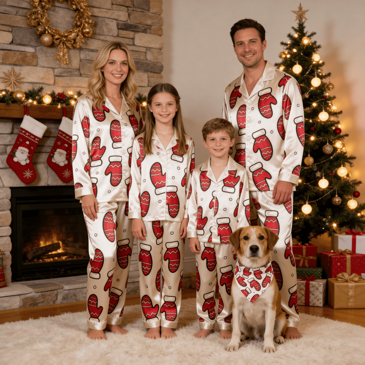 Red Mitten Print Satin Button-Up Family Christmas Pajamas Set