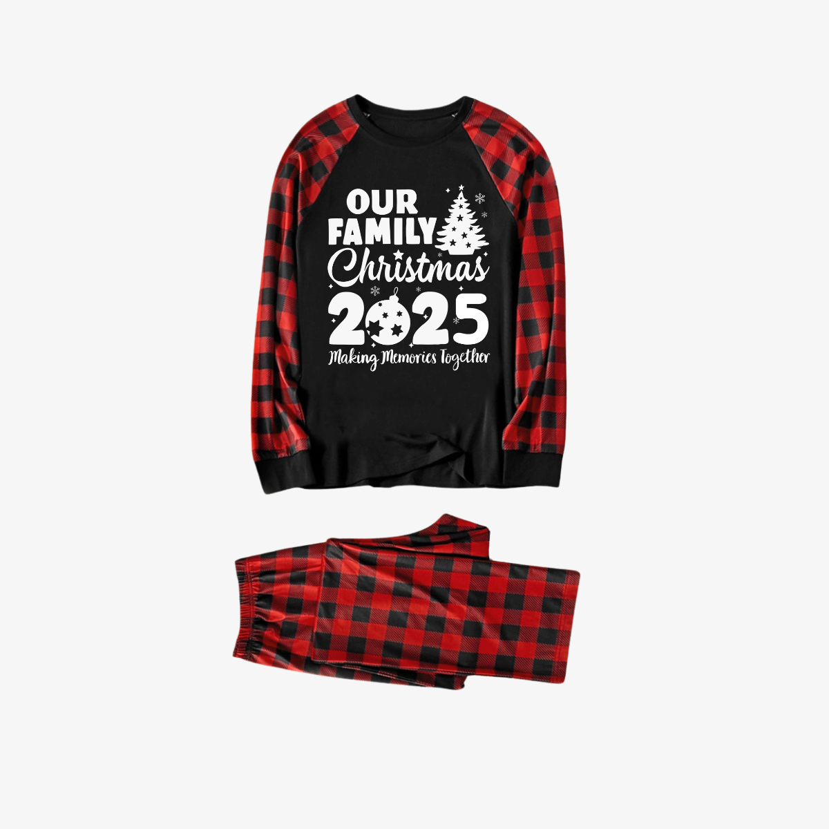 Arrive in 3-5 days - Christmas Tree & "2025 Making Memories Together" Patterned Contrast top and Black & Red Plaid Pants Family Matching Pajamas Set