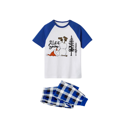 Let It Snow Family Pajamas Set - White Top Blue Sleeves Blue Plaid Pants Christmas Snowman Graphic