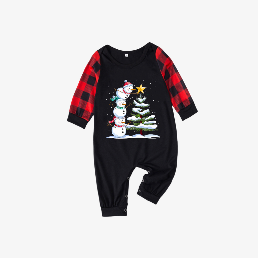 Red and Black Plaid Christmas Pajamas Set with Snowman & Christmas Tree Print