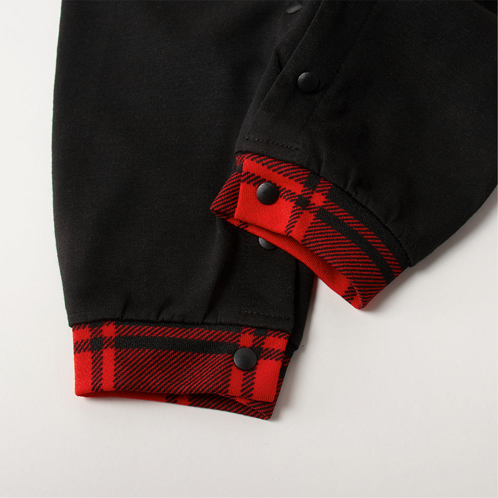 Christmas 'What Up' Letter Print Contrast Black Top and Black & Red Plaid Pants Family Matching Pajamas Set With Dog Bandana