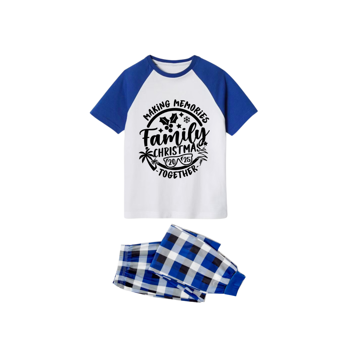 Making Memories Together Family Christmas 2025 Pajamas Set - White Top Blue Sleeves Blue Plaid Pants Black Text Graphic