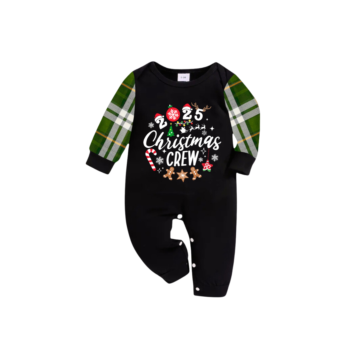 Christmas Crew 2025 Family Pajamas Set - Black Top, Green Pants, Green Plaid Sleeves, Gingerbread Candy Print
