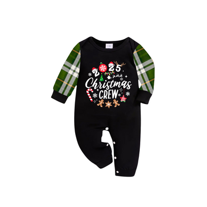 Christmas Crew 2025 Family Pajamas Set - Black Top, Green Pants, Green Plaid Sleeves, Gingerbread Candy Print