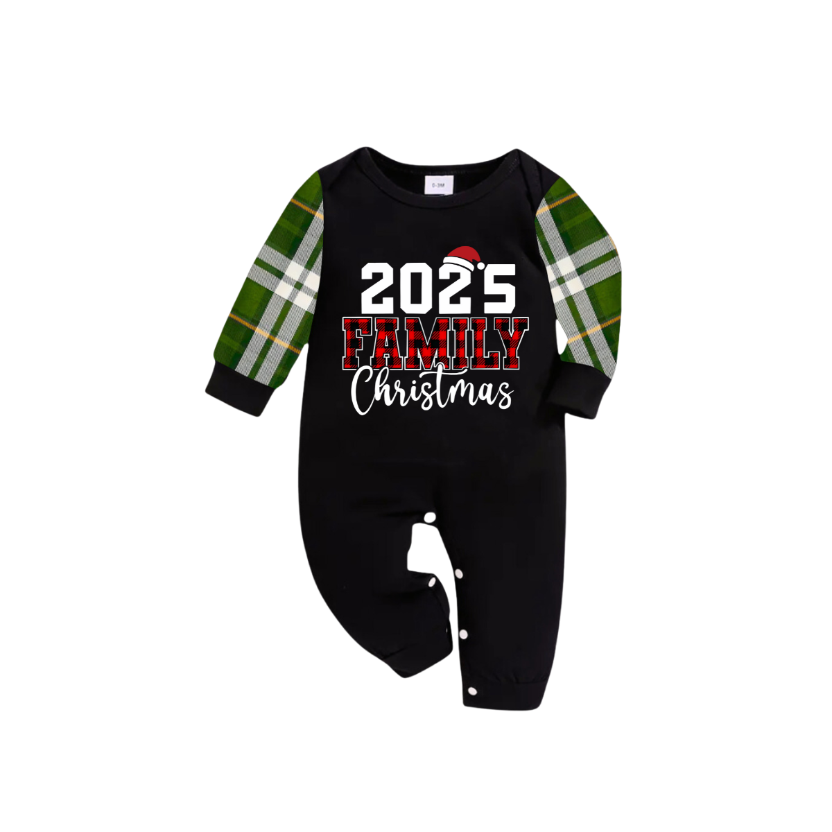 2025 Family Christmas Family Pajamas Set - Black Top, Green Pants, Green Buffalo Plaid Sleeves, Letter Print