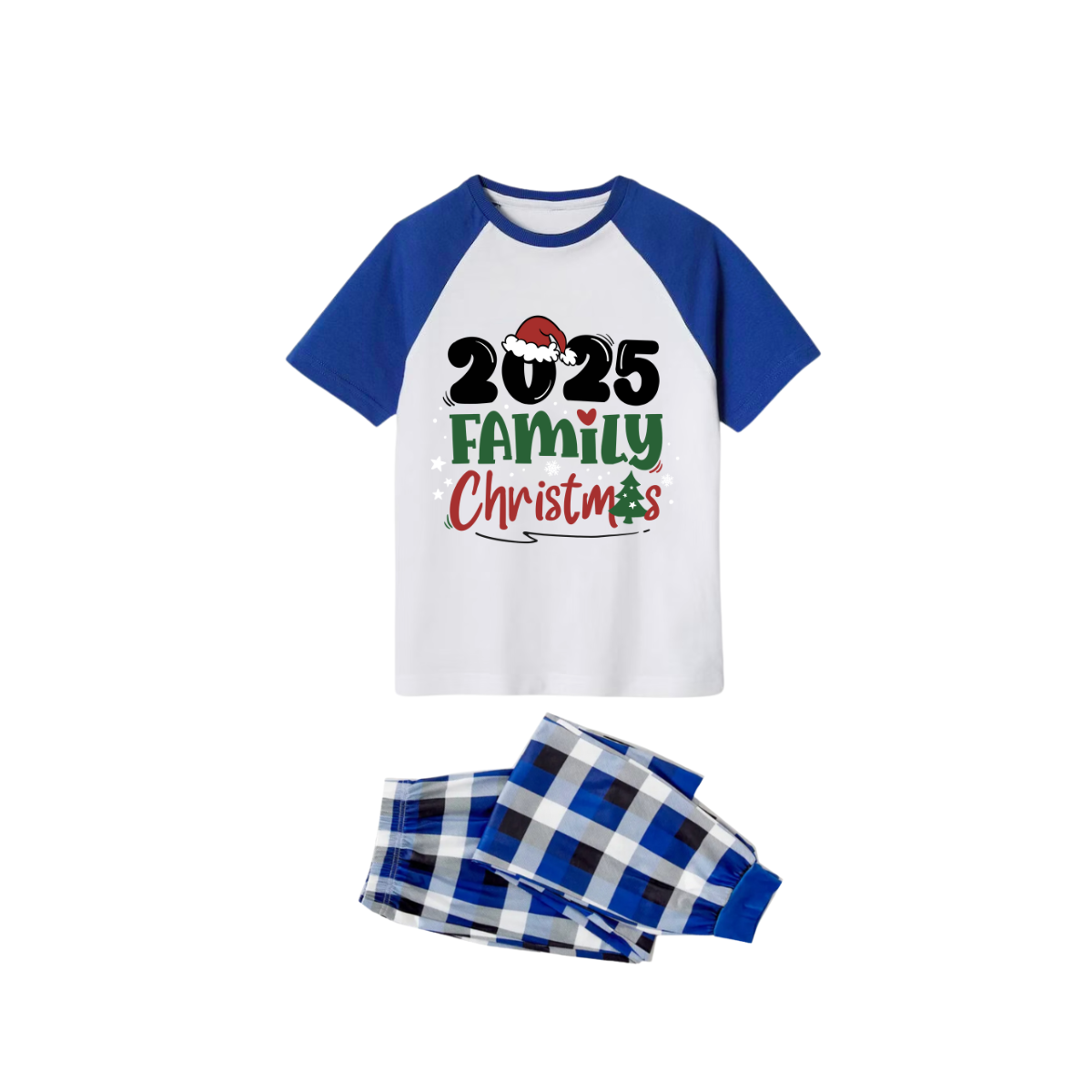 2025 Family Christmas Pajamas Set - White Top Blue Sleeves Blue Plaid Pants Green and Red Text Graphic