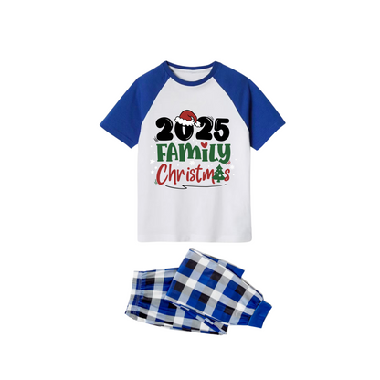 2025 Family Christmas Pajamas Set - White Top Blue Sleeves Blue Plaid Pants Green and Red Text Graphic