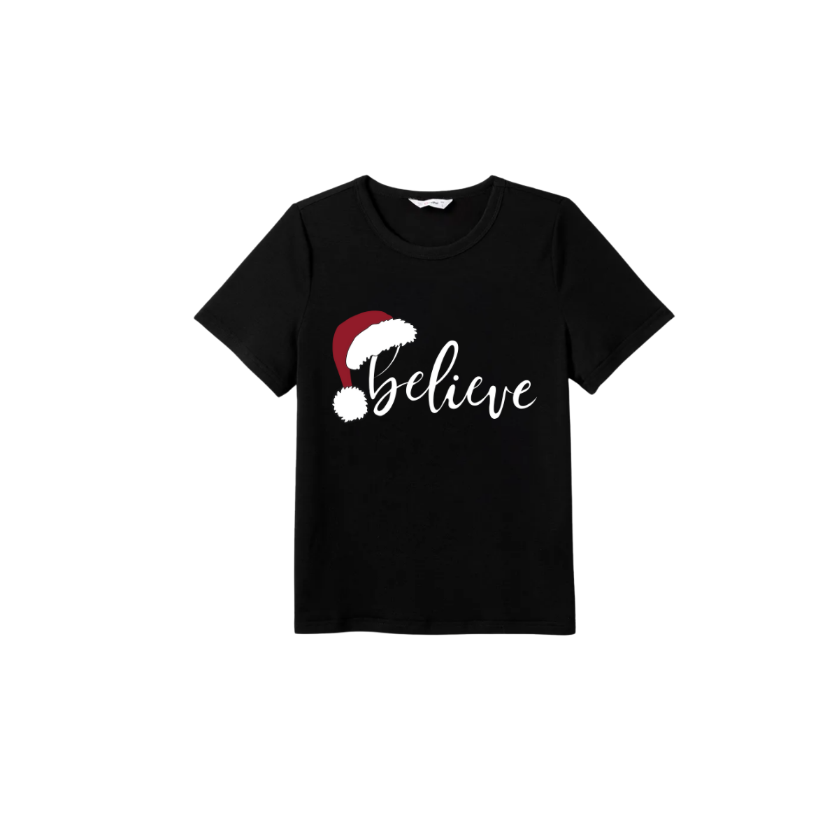 Believe Family Pajamas Set - Black Top Red Pants Red Plaid Sleeves Santa Hat Print