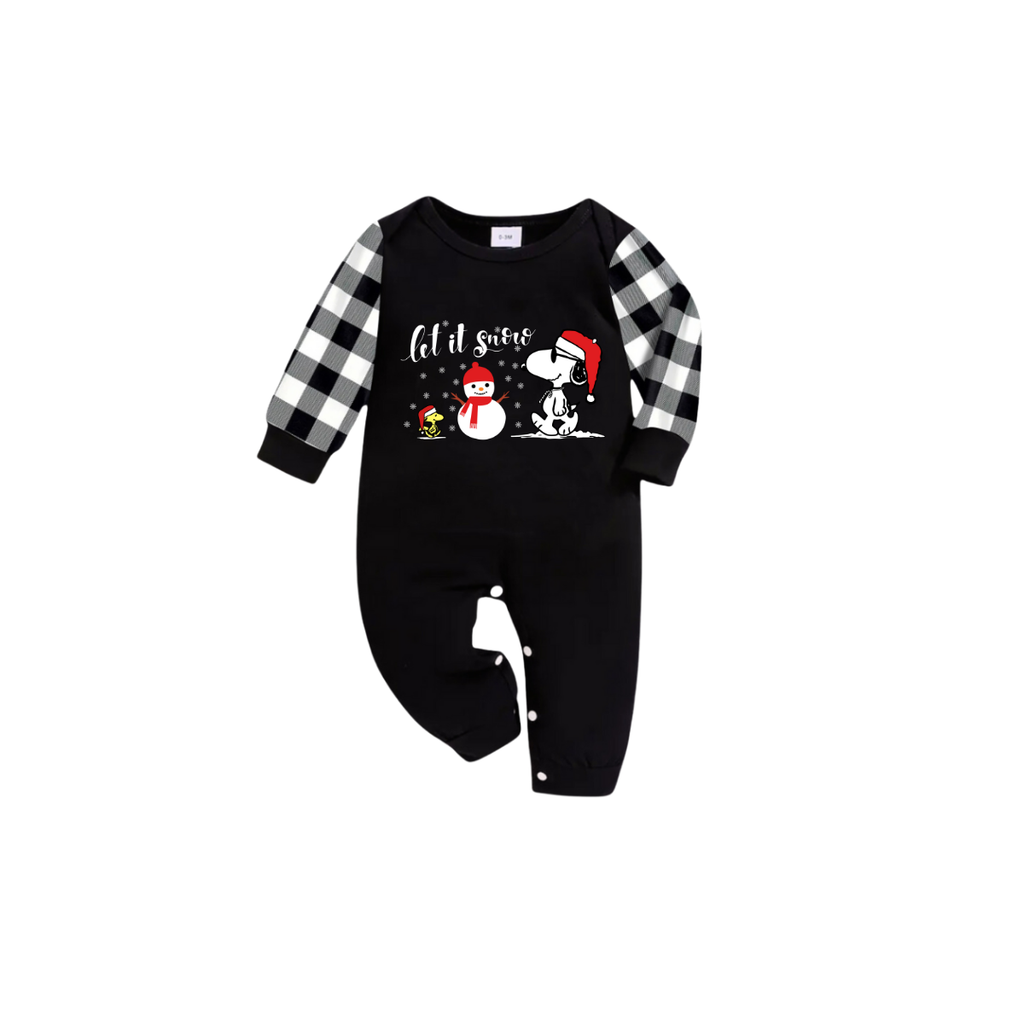Let it Snow Snoopy Family Christmas Pajamas Set - Black Top Black and White Plaid Pants White Text Graphic
