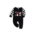 Let it Snow Snoopy Family Christmas Pajamas Set - Black Top Black and White Plaid Pants White Text Graphic