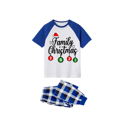 Family Christmas 2025 Family Pajamas Set - White Top Blue Sleeves Blue Plaid Pants Santa Hat and Heart Graphic