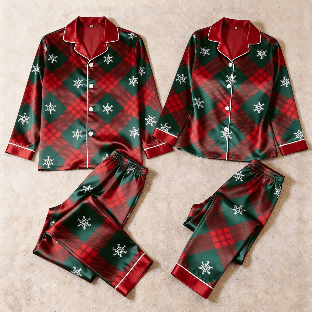 Holiday Snowflake Plaid Satin Matching Pajamas for Couples – Long Sleeve Button-Down Top & Pants Sleepwear Set
