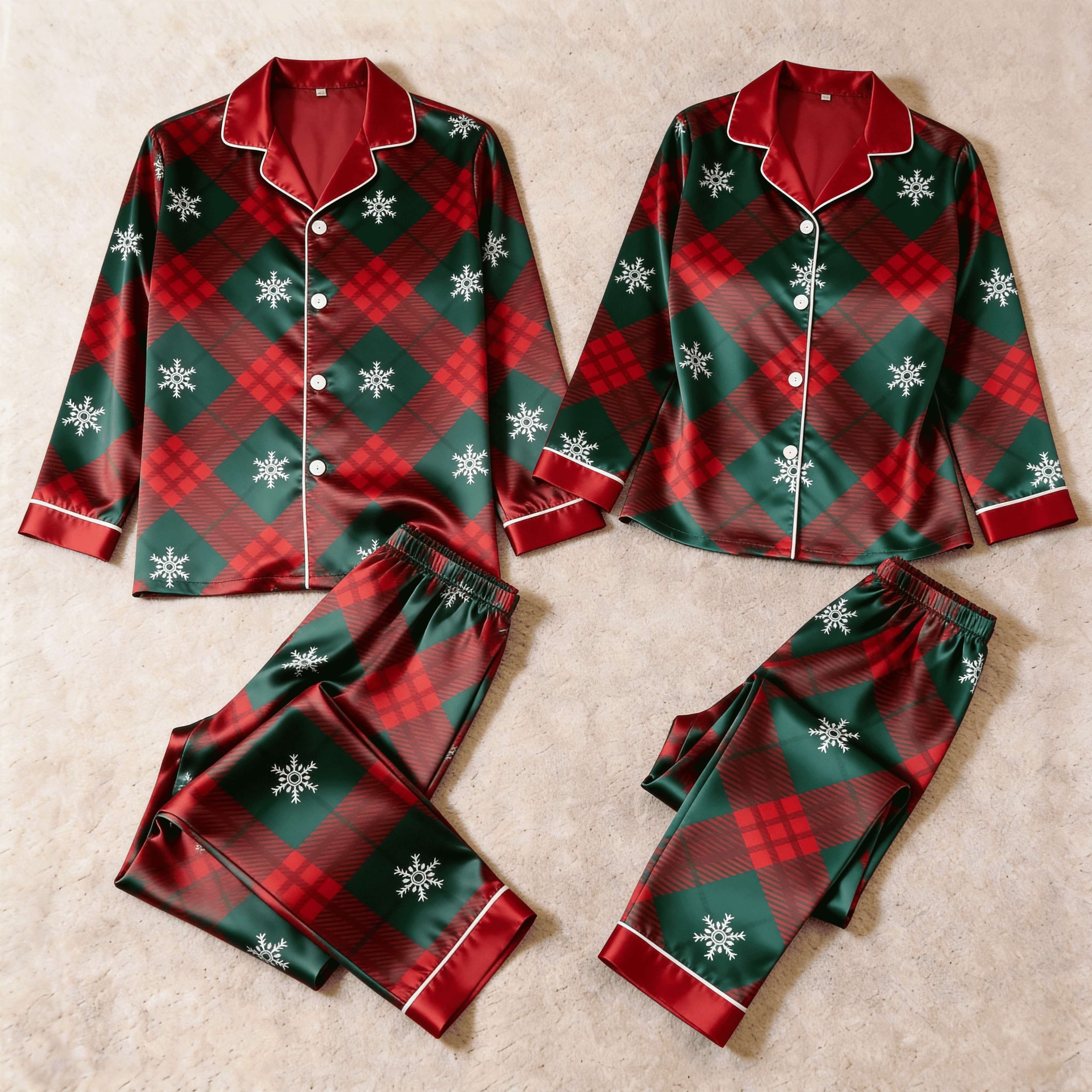Holiday Snowflake Plaid Satin Matching Pajamas for Couples – Long Sleeve Button-Down Top & Pants Sleepwear Set