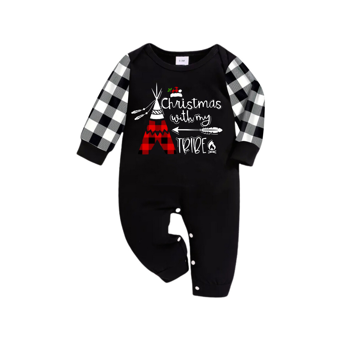 "Christmas With My Tribe" Pattern Printed- Black and White Plaid Family Matching Pajamas