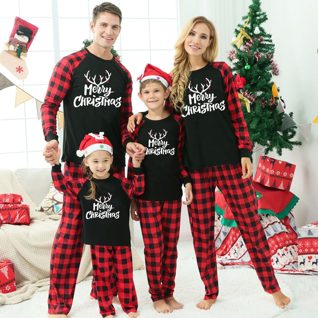 Merry Christmas Antler Contrast top and Plaid Pants Family Matching Pajamas Set