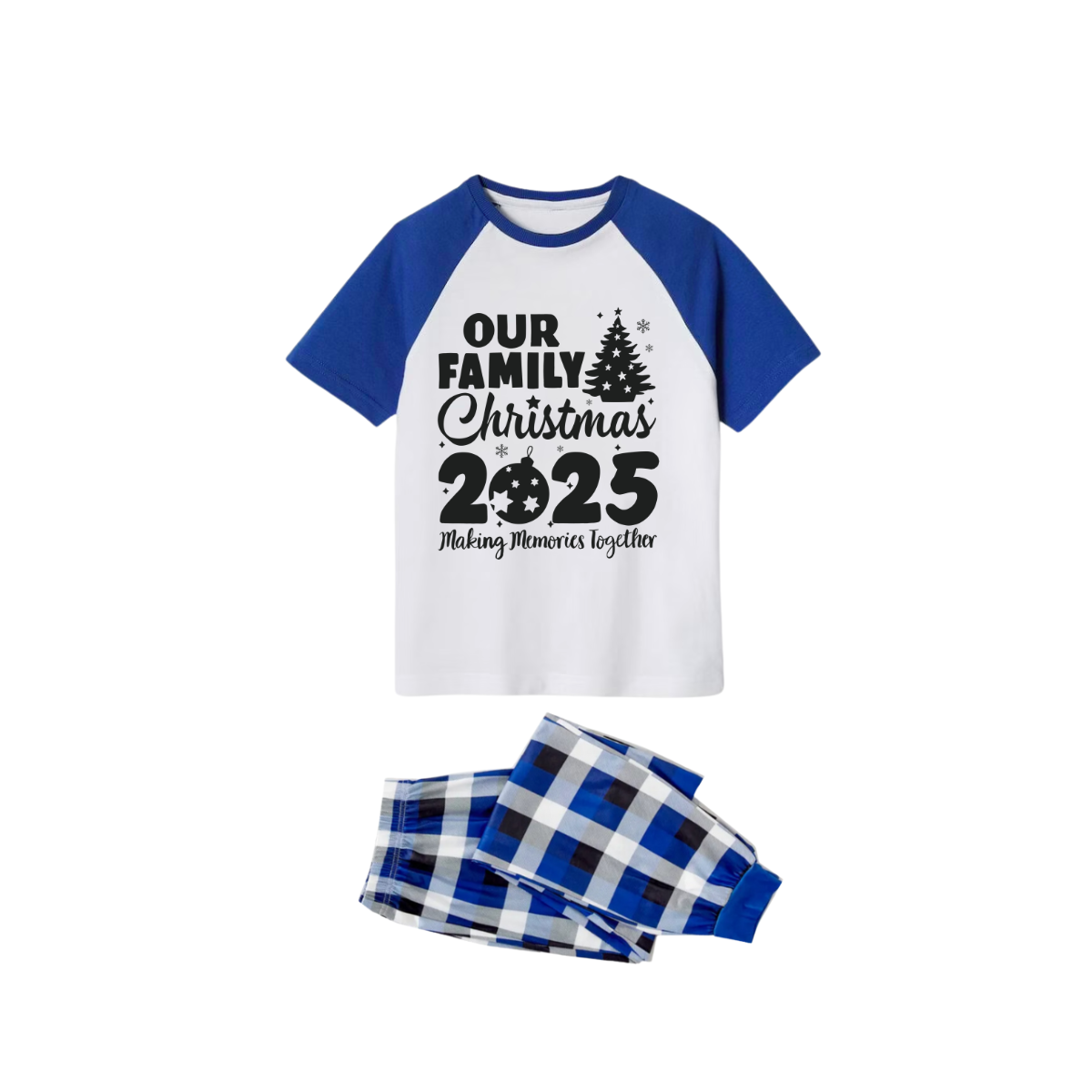Our Family Christmas 2025 Family Pajamas Set - White Top, Blue Plaid Pants, Blue Sleeves, Christmas Tree and Ornaments Print