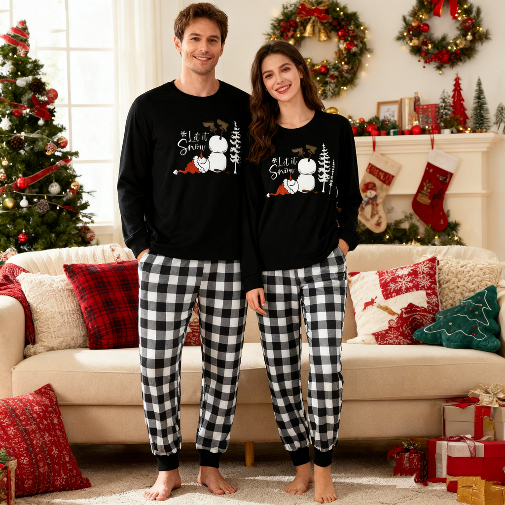 Couple Black and White Plaid Matching Pajamas "Let it Snow" Text and Snowman Prints