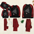 Christmas Hat and 'Believe“ Letter Print Patterned Contrast Black top and Black & Red Plaid Pants Family Matching Pajamas Set