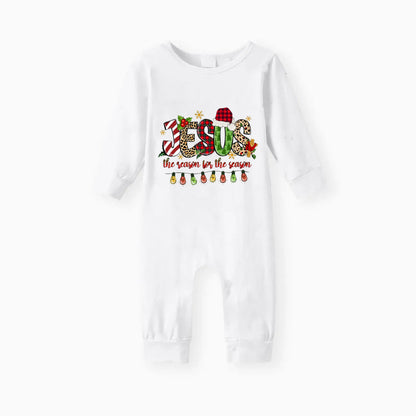 Christmas Light and Jesus Text Printed Red and Green Plaid Christmas Pajama Set