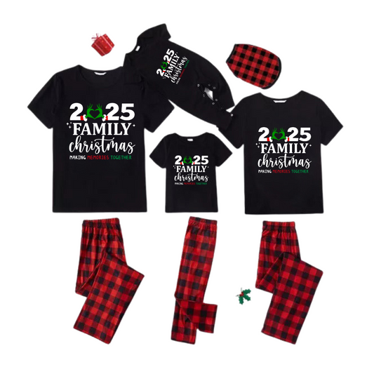 "2025 Family Christmas" Quirky Heart Letter Print Black Short Sleeve with Red & Black Plaid Pant Family Matching Pajamas