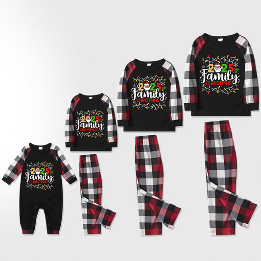 Red and Gray Plaid Christmas Pajamas Set With Christmas Light and "2025 Family Christmas" Text Print