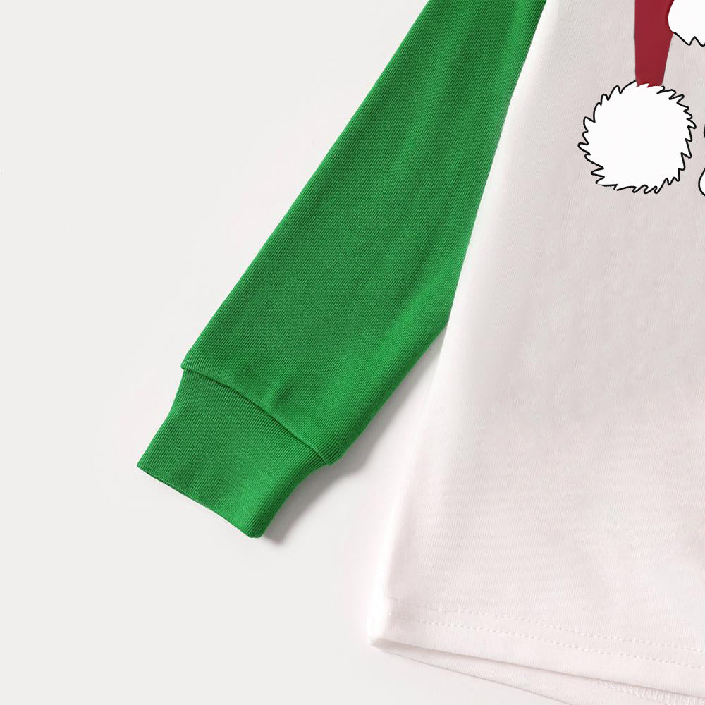 Christmas Hat and 'Believe“ Letter Print Patterned Green Sleeve Contrast Tops and Black and Green Plaid Pants Family Matching Raglan Long-sleeve Pajamas Sets With Dog Bandana