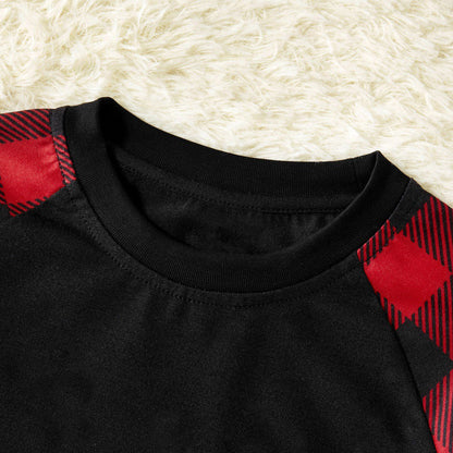 Christmas ”Ho Ho Ho“ Letter Print Santa Claus & Gingerbread & Elk Patterned Contrast Black top and Black & Red Plaid Pants Family Matching Pajamas Set With Dog Bandana